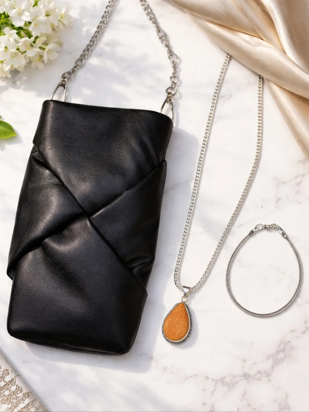 Sterling Necklace, Crossbody Bag, & Snake Chain Bracelet Sterling Silver